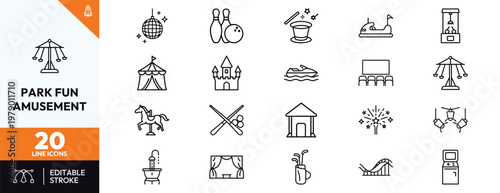 Set of amusement park and entertainment line icons including roller coaster carousel circus tent bowling arcade game and carnival attractions for leisure and fun activities.