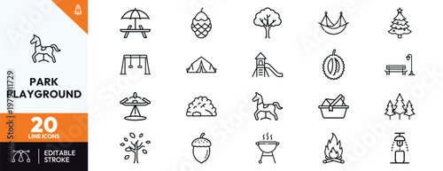 Set of park and playground line icons featuring outdoor recreation elements like swings slides picnic tables camping gear trees and garden equipment for web and mobile design applications.