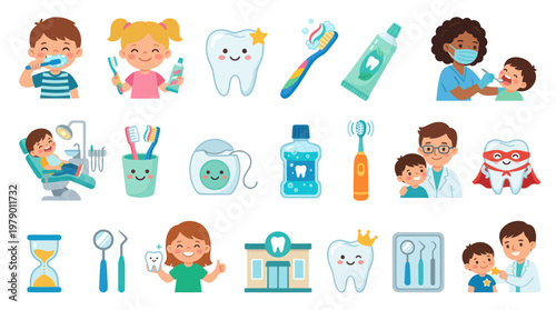 Cute Dental Hygiene Icons for Kids: Toothbrush, Toothpaste, Dentist, Tooth