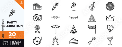 Set of 20 minimalist party celebration line icons featuring gift boxes party poppers birthday cakes disco balls balloons champagne and music elements for various festive and social event designs.