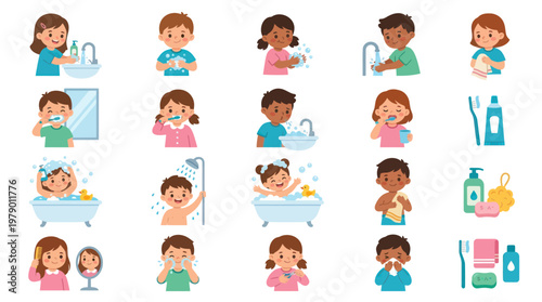Children Hygiene Illustrations: Washing Hands, Brushing Teeth, Bathing, Showering, Drying