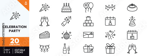 Collection of minimal celebration and party line icons featuring birthday cake balloons champagne glasses gift boxes party hat disco ball and festive decorations for event planning.