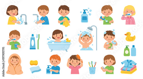 Children Daily Personal Hygiene Routine Flat Illustration Set for Kids Health Education