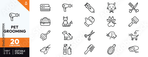 Set of professional pet grooming line icons including cat and dog care essentials such as hair dryer, scissors, combs, grooming gloves, shampoo bottles, and portable pet carrier symbols.