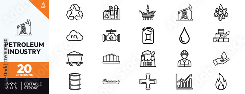 Comprehensive Petroleum and Gas Industry Icon Set featuring oil rigs, refineries, fuel barrels, pipelines, environmental impact symbols, and energy production elements.