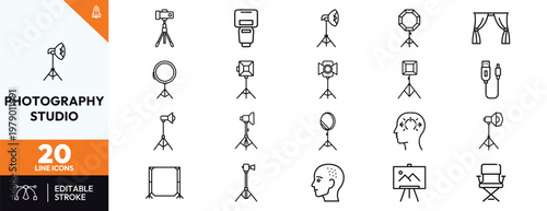 Professional studio equipment line icons featuring camera tripod lighting setup softbox ring light backdrop stands and professional creative production tools for filmmakers and creators.