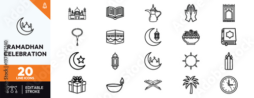 Ramadhan Celebration Line Icon Set featuring Mosque Quran Kaaba Prayer Hands Crescent Moon Lantern Prayer Mat Tasbih Dates Gift Box Oil Lamp and Palm Tree for Islamic Holiday Design