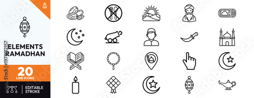 Minimalist linear Islamic icons set for Ramadan Kareem and Eid Mubarak featuring mosque lantern quran crescent moon dates and prayer beads for religious festival design and web projects