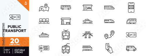 A collection of twenty minimalist line icons representing public transportation and travel themes including bus, train, tram, airplane ticket, ferry, subway station, and mobile booking app.