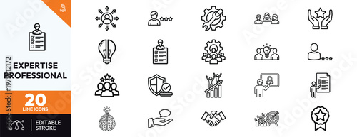 Professional expertise and business skills line icons set featuring leadership team management career growth strategic innovation problem solving intelligence and achievement symbols.
