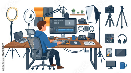 Podcaster, vlogger or streamer setup with computer, camera, and mic