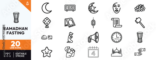 Professional Ramadan Fasting Icon Set with Islamic Religious Elements Including Mosque Crescent Moon Lantern Dates and Prayer Rug for Muslim Holy Month Celebrations and Graphics