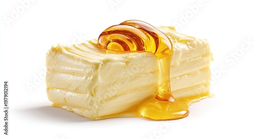 Rich, golden honey cascades over a layered block of creamy, pale yellow butter