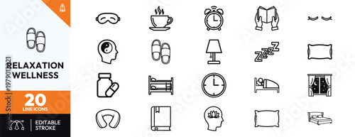 Collection of relaxation and wellness line icons featuring sleep mask alarm clock bed pillow and meditation symbols for health and well being design projects.
