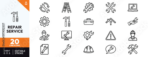 Professional repair service line icon set featuring tools such as wrenches hammer screwdriver ladder hard hat and toolbox for home maintenance and construction industry projects.