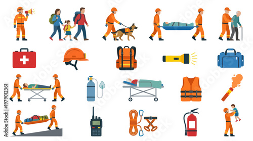 Emergency Services and First Aid Flat Vector Icon Set: Rescue Workers, Medical Gear, Safety Elements