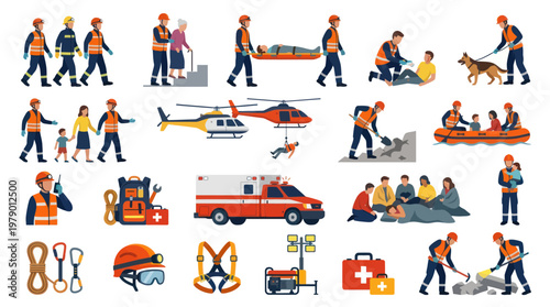 Rescue Workers and Equipment Flat Design Icons Set