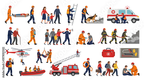 Emergency Services and Rescue Workers Flat Vector Illustration Set