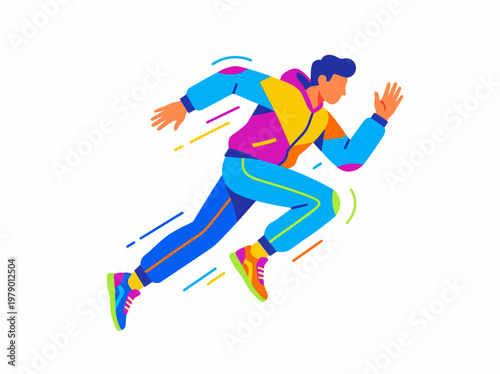 Energetic vector illustration of a person sprinting forward with vibrant colors, symbolizing speed, activity, and dynamic movement in a graphic design.