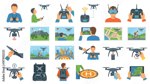 Drone Technology Flat Vector Icons Set - Remote Control, Operations, and Aerial Photography