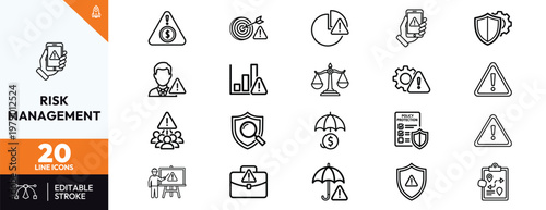Comprehensive set of 20 thin line risk management icons for business security and financial planning. Includes symbols for warning alerts, insurance protection, compliance, and crisis assessment.