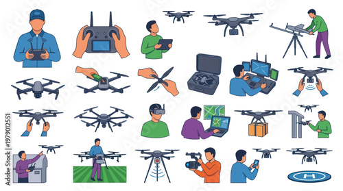 Drone Technology Flat Vector Icons Set
