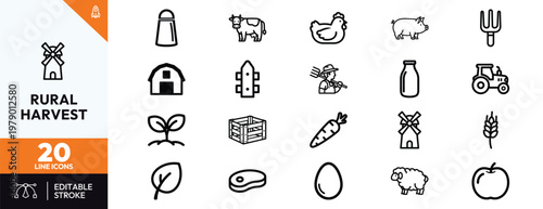 Comprehensive collection of twenty modern line icons depicting rural harvest activities including farming animals equipment barns and fresh organic agricultural produce symbols.