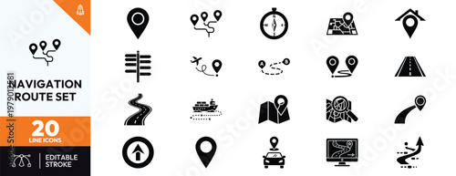 Navigation and Route Icon Set featuring Map Pins GPS Location Markers Destination Waypoints Road Pathways Travel Directions Logistics Transportation Symbols and Global Positioning Tools.