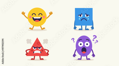 Colorful vector graphic illustration showing four distinct geometric shapes with different human emotions expressing happiness sadness anger and deep confusion