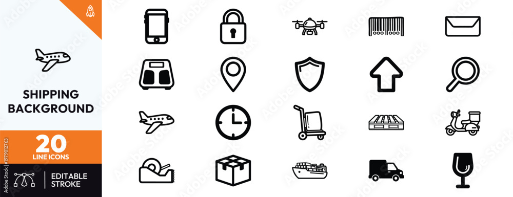Naklejka premium Comprehensive collection of shipping and logistics line icons featuring delivery truck cargo ship airplane drone barcode and packaging symbols for ecommerce business transportation