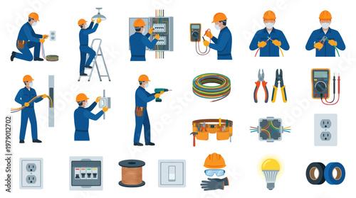 Flat Vector Set of Electricians, Electrical Tools, and Equipment for Industrial Technology