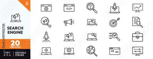 Set of twenty line icons for search engine optimization digital marketing and data analysis featuring concepts like web development startup launch business growth and online analytics