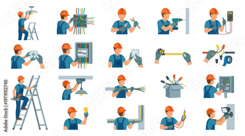 Flat Design Electrician Set: Installation and Repair Workers Vector Icons