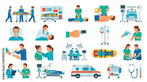 Flat Medical Icons: Emergency Rescue, Hospital, Ambulance, Doctor
