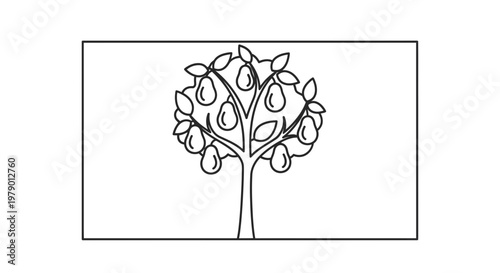 Simple Outline Drawing of a Pear Tree Laden with Fruit, Black and White Line Art