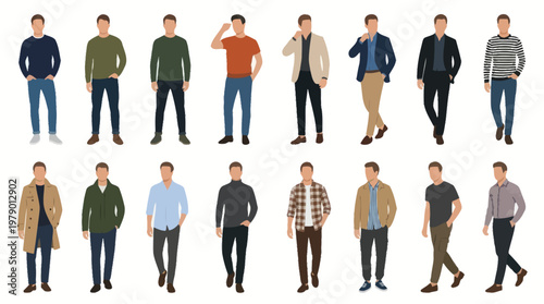 Flat illustration of diverse men's fashion outfits, vector art