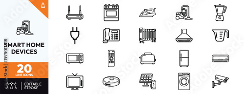 Comprehensive collection of 20 minimalist thin line icons representing smart home devices household appliances and electronic equipment for modern residential lifestyle and automation