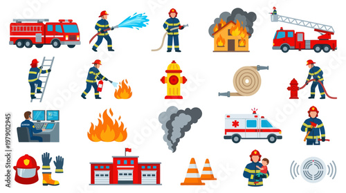 Firefighter and Emergency Services Icons: Flat Design Vector Set