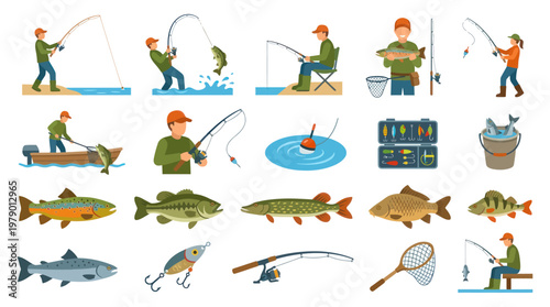 Fishing Activity Flat Vector Illustrations: Fishermen, Various Fish Species  Equipment Set