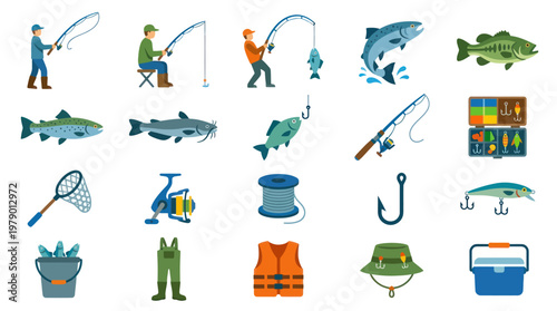 Fishing Icon Set - Flat Vector Illustration of Angler Gear and Fish