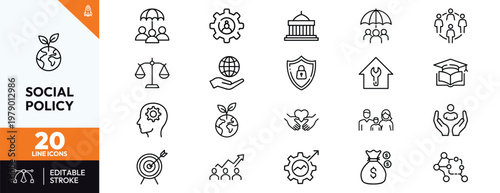 Social Policy Line Icons Collection for Government Welfare Public Services Human Rights Education Environmental Protection and Social Justice Outline Symbols for Web and Mobile Apps