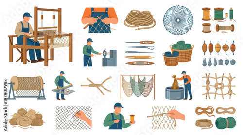 Fishing Net Making: Craftsmanship, Equipment, and Materials Flat Vector Art