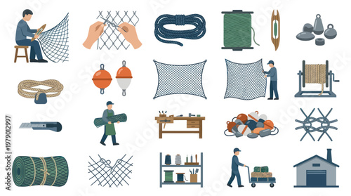 Fishing Net Making Supplies, Tools, and Equipment Flat Vector Icons