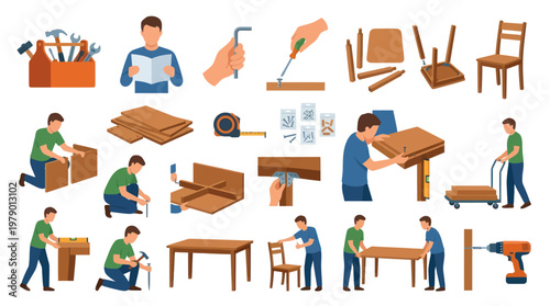 Furniture Assembly Process Flat Illustration Set. DIY Home Improvement Carpentry Vector