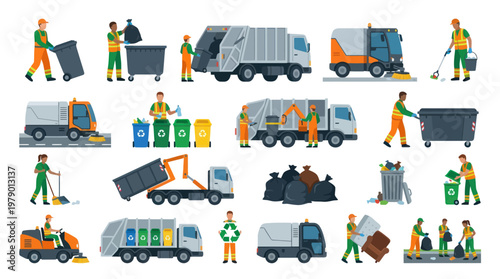 Waste Management and Cleaning Services Flat Vector Illustration Set with Sanitation Workers and Trucks