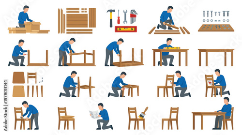 Flat Vector Illustration: Furniture Assembly Process, DIY Home Improvement Steps