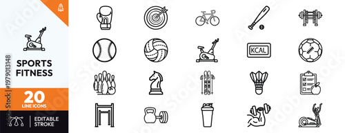 Set of twenty minimalist sports and fitness thin line icons including gym equipment workout gear health nutrition and various sports activities like boxing cycling soccer and weightlifting