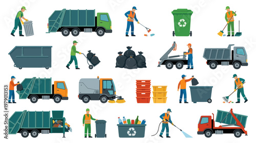 Flat Vector Illustrations of Waste Management, Cleaning Services, Recycling  Garbage Trucks