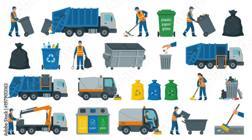 Flat Vector Illustration Set: Waste Management, Recycling, Garbage Collection Workers  Trucks