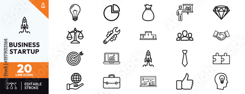 Collection of professional business startup line icons featuring concepts like innovation, teamwork, financial growth, strategy planning, and successful project launch for entrepreneurs.